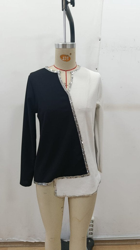 Bluz din crep importat, cu mânecă lungă, de damă, decolteu în V, cu paiete, 29006