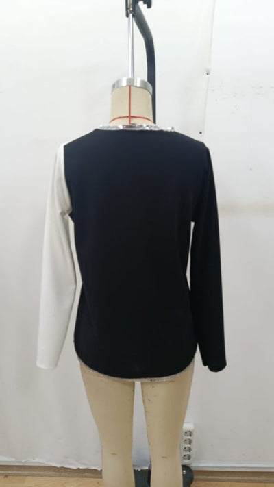 Bluz din crep importat, cu mânecă lungă, de damă, decolteu în V, cu paiete, 29006