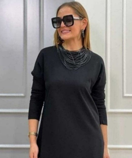 Kadın Uzun Kollu Bisiklet Yaka Etek Ucu Deri Dantelli Viskon Iki Iplik Midi Elbise, 29043