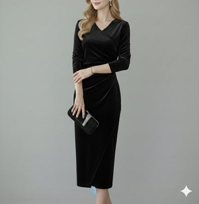 Rochie midi din catifea pentru femei, cu mânecă lungă, decolteu înfășurat, cu încrețituri laterale în față și detaliu încrucișat, 31159