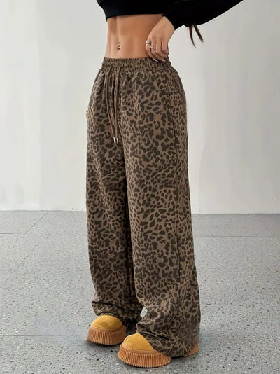 Pantaloni damă cu două fire, croi larg, elastic și șnur, talie înaltă, 34809