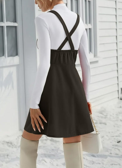 Rochie mini din piele întoarsă cu bretele și nasturi pentru femei, 30810