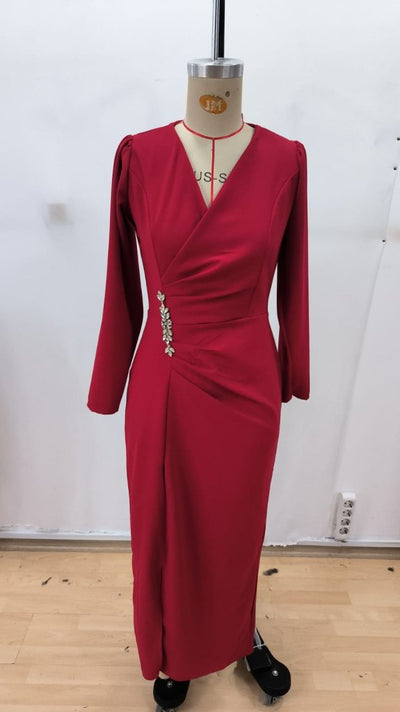 Rochie lungă din crep importat, cu mânecă lungă și decolteu înfășurat, cu împodobire laterală, crăpătură, pentru femei, 30344