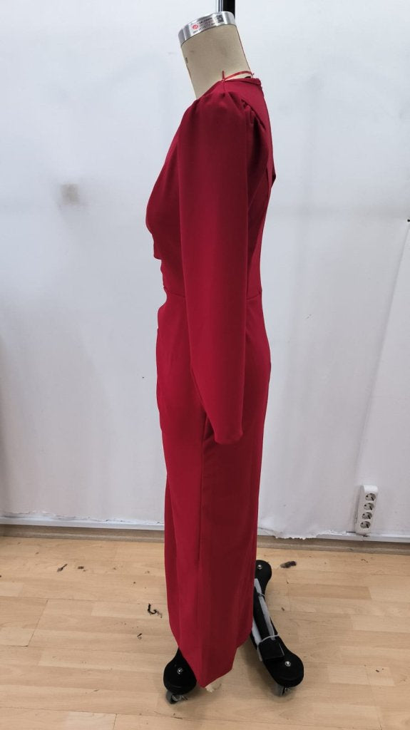 Rochie lungă din crep importat, cu mânecă lungă și decolteu înfășurat, cu împodobire laterală, crăpătură, pentru femei, 30344