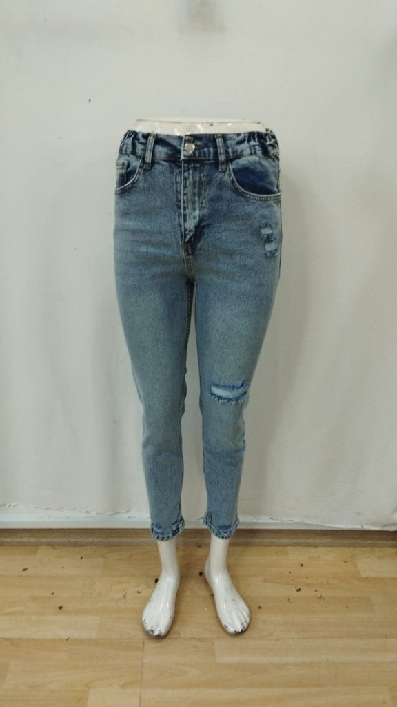 Kadın Açık Mavi Yırtık Mom Fit Kot Pantolon , 29313