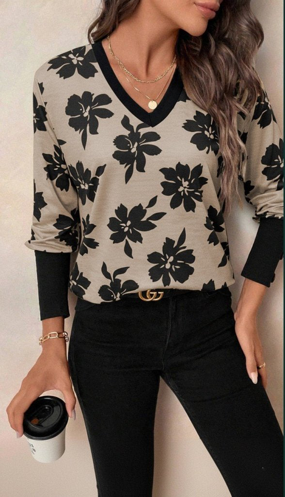 Bluza din bumbac premium pentru femei cu mâneci lungi, gât V, model, 37545