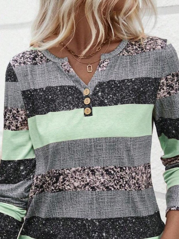 Women's Long Sleeve Button-Up Striped Patterned Supreme Blouse, 30797