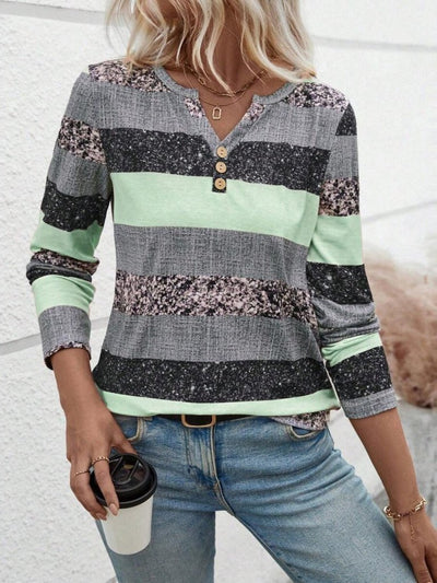 Women's Long Sleeve Button-Up Striped Patterned Supreme Blouse, 30797