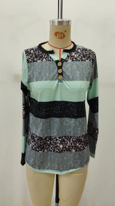 Women's Long Sleeve Button-Up Striped Patterned Supreme Blouse, 30797