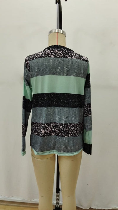 Women's Long Sleeve Button-Up Striped Patterned Supreme Blouse, 30797