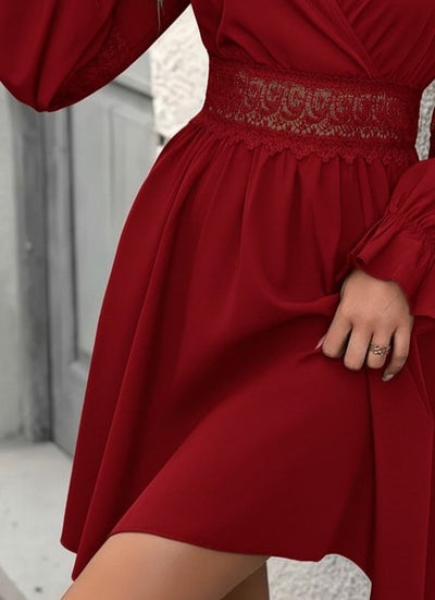 Kadın Uzun Kollu Kruvaze Yakalı Dantelli Fermuar Detaylı Mini Ithal Krep Elbise, 29350