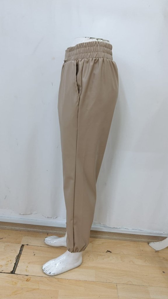 Pantaloni din piele pentru femei, cu talie înaltă, elastic și nasturi în față, 34425