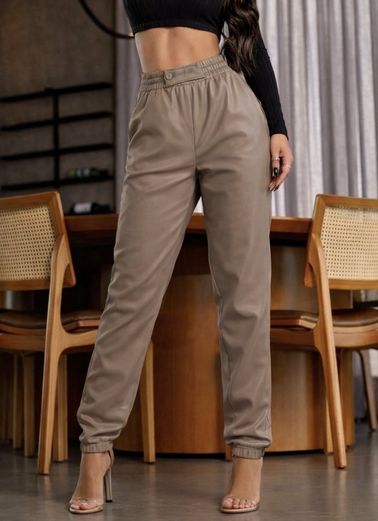 Pantaloni din piele pentru femei, cu talie înaltă, elastic și nasturi în față, 34425
