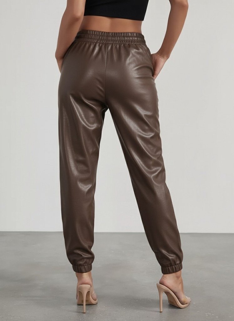 Pantaloni din piele pentru femei, cu talie înaltă, elastic și nasturi în față, 34423
