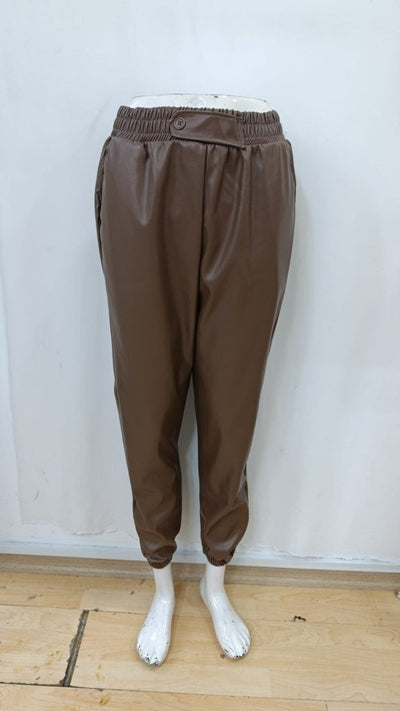 Pantaloni din piele pentru femei, cu talie înaltă, elastic și nasturi în față, 34423