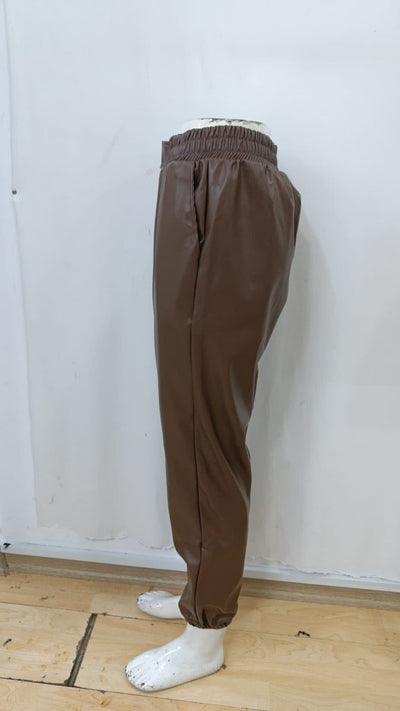 Pantaloni din piele pentru femei, cu talie înaltă, elastic și nasturi în față, 34423