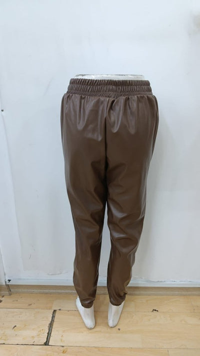 Pantaloni din piele pentru femei, cu talie înaltă, elastic și nasturi în față, 34423