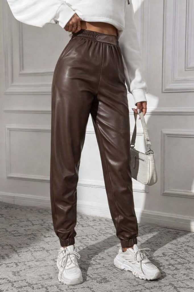 Pantaloni din piele pentru femei, cu talie înaltă, elastic și nasturi în față, 34423