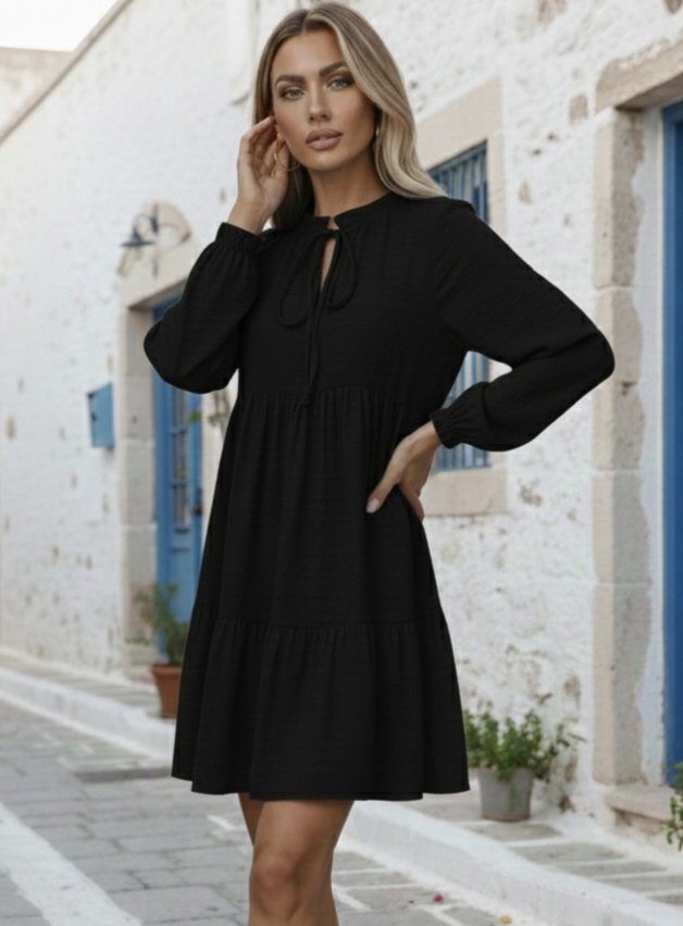 Rochie mini din in cu volane, cu mânecă lungă, cu șireturi, pentru femei, 31466