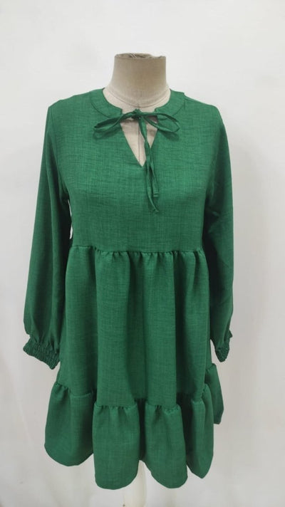 Rochie mini de in cu maneca lunga, cu volane si snur la gat pentru femei, 30285