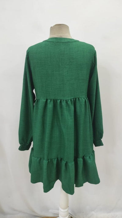 Rochie mini de in cu maneca lunga, cu volane si snur la gat pentru femei, 30285