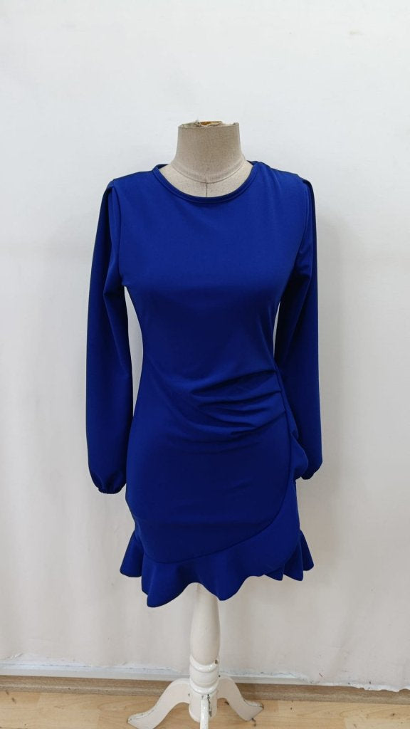 Rochie de damă din crep importat, cu mânecă lungă, guler rotund și volane în față, 31643