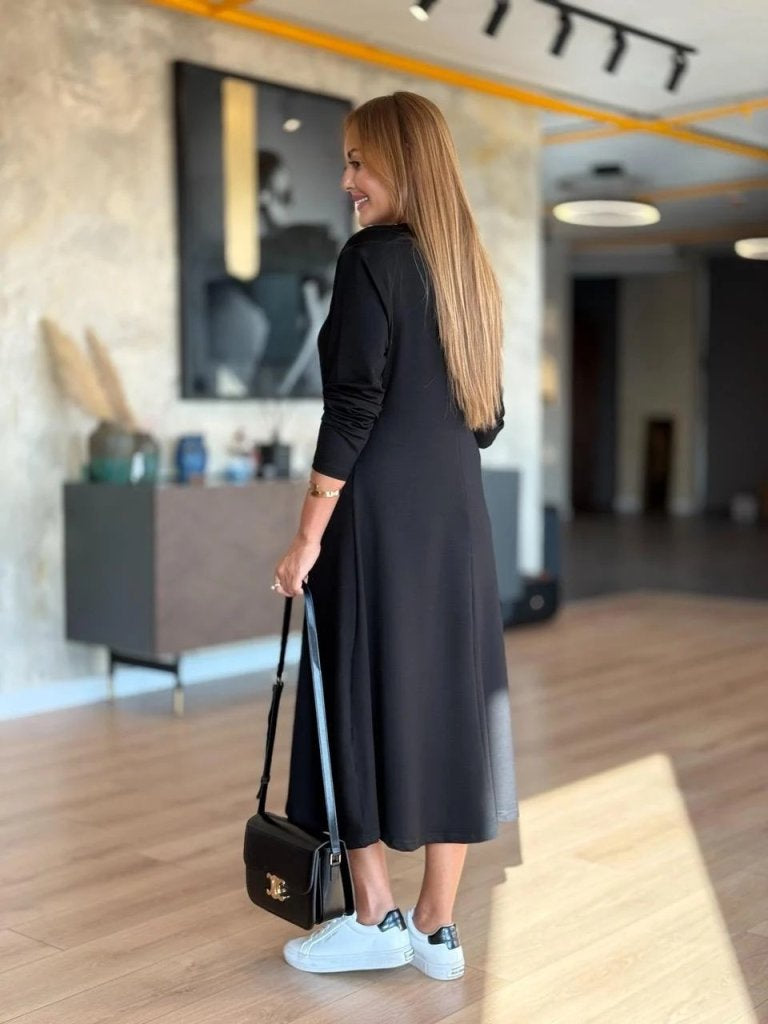 Rochie midi din modal cu mânecă lungă și decolteu în V pentru femei, 29516
