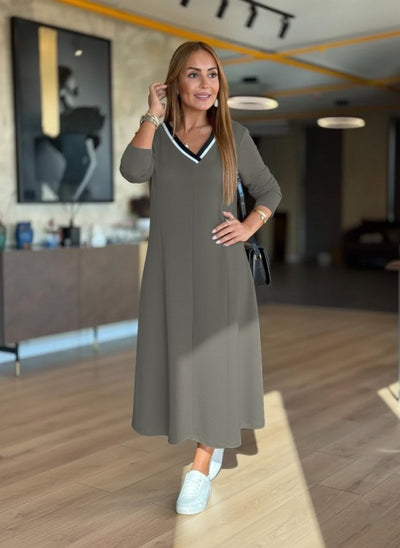 Rochie midi pentru femei, cu mânecă lungă, decolteu în V, culoarea verde migdal, din modal, 29517