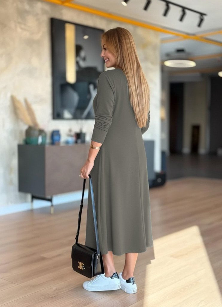Rochie midi pentru femei, cu mânecă lungă, decolteu în V, culoarea verde migdal, din modal, 29517