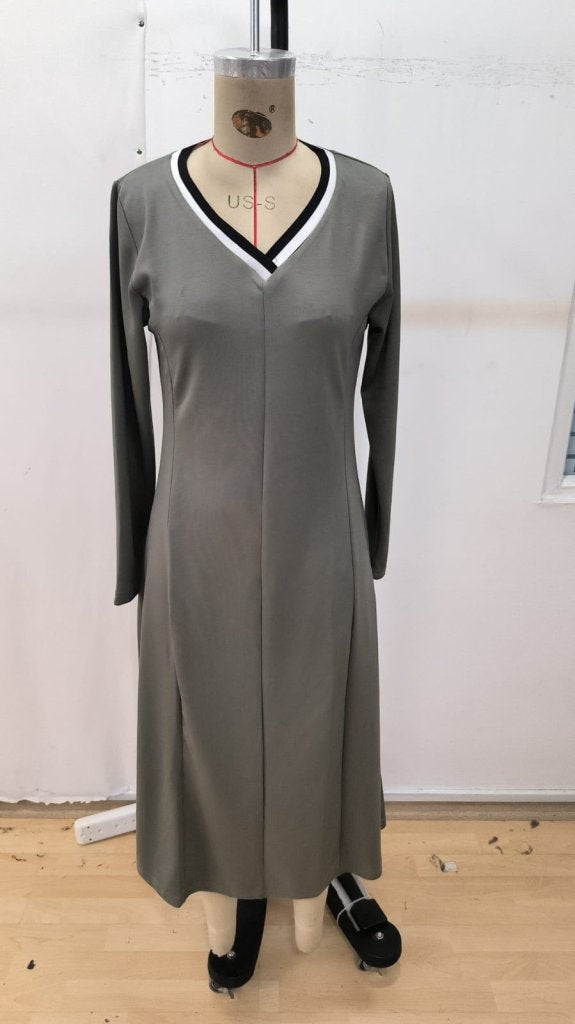 Rochie midi pentru femei, cu mânecă lungă, decolteu în V, culoarea verde migdal, din modal, 29517