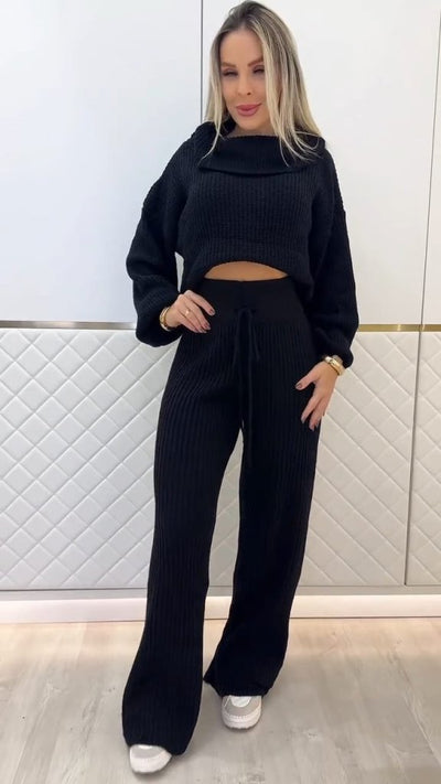 Kadın Uzun Kollu Balıkçı Yaka Kısa Triko Bluz Ve Pantolon Ikili Takım , 29957