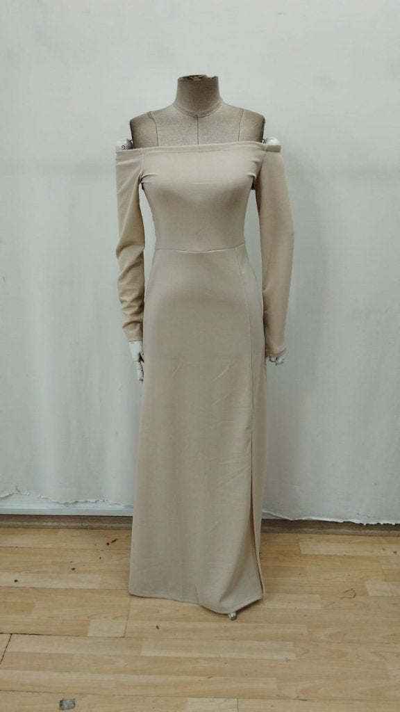 Rochie lungă din crep importat, cu mânecă lungă și decolteu Madonna, pentru femei, 31828