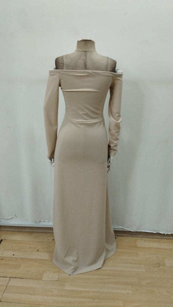 Rochie lungă din crep importat, cu mânecă lungă și decolteu Madonna, pentru femei, 31828