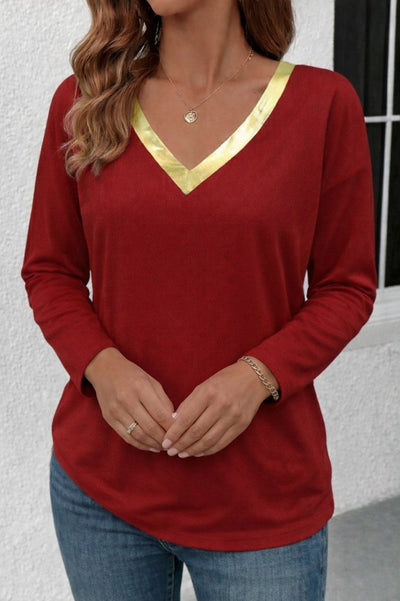 Women's Long Sleeve V-Neck Shimmer Detail Viscose Blouse, 30664