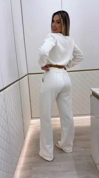 Kadın Uzun Kollu Bisiklet Yaka Desenli Iki Iplik şardonlu Bluz Ve Pantolon Ikili Takım, 29713
