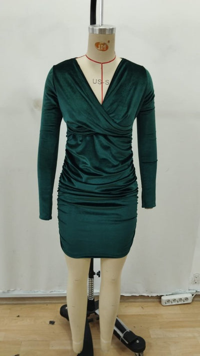 Rochie Mini de Catifea cu Guler Încrucișat și Mânecă Lungă pentru Femei, 37783