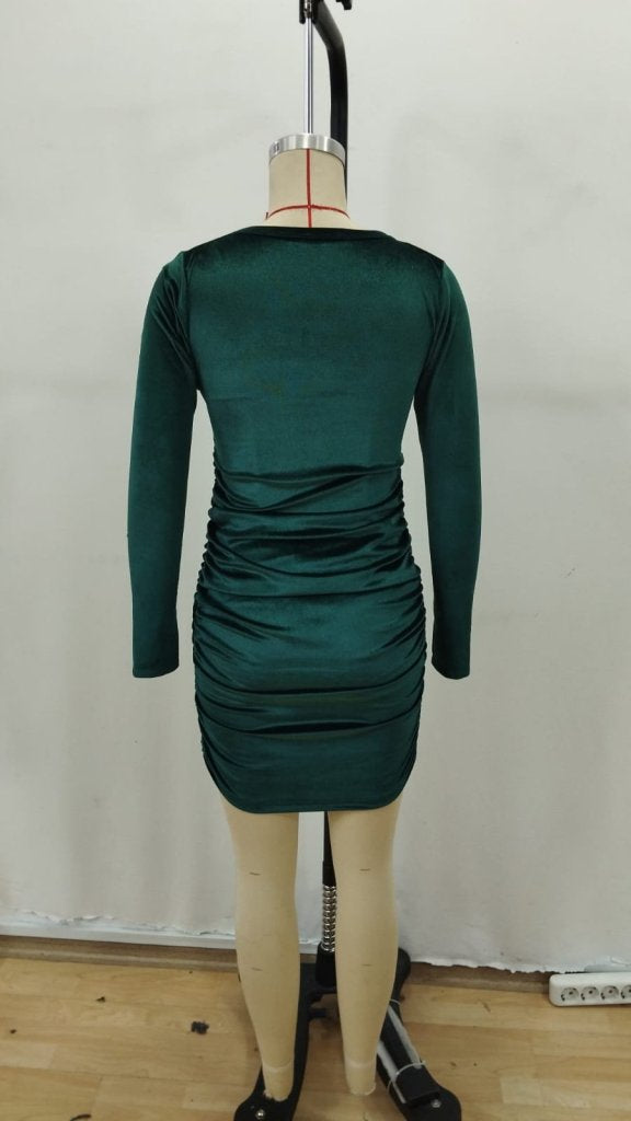 Rochie Mini de Catifea cu Guler Încrucișat și Mânecă Lungă pentru Femei, 37783