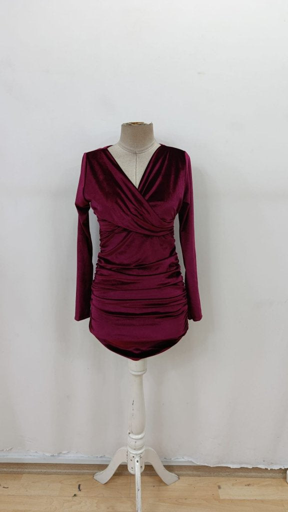 Rochie mini de catifea pentru femei, cu mânecă lungă și decolteu încrucișat, 37784