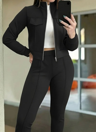 Set Două Piese Compus din Jachetă Scurtă din Modal cu Mânecă Lungă și Fermoar Frontal și Pantalon, Cod 29864