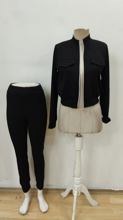 Set Două Piese Compus din Jachetă Scurtă din Modal cu Mânecă Lungă și Fermoar Frontal și Pantalon, Cod 29864