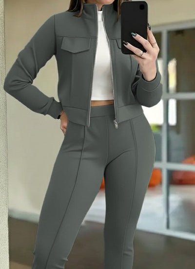 Kadın Uzun Kollu önden Fermuarlı Kısa Modal Ceket Ve Pantolon Ikili Takım , 29866