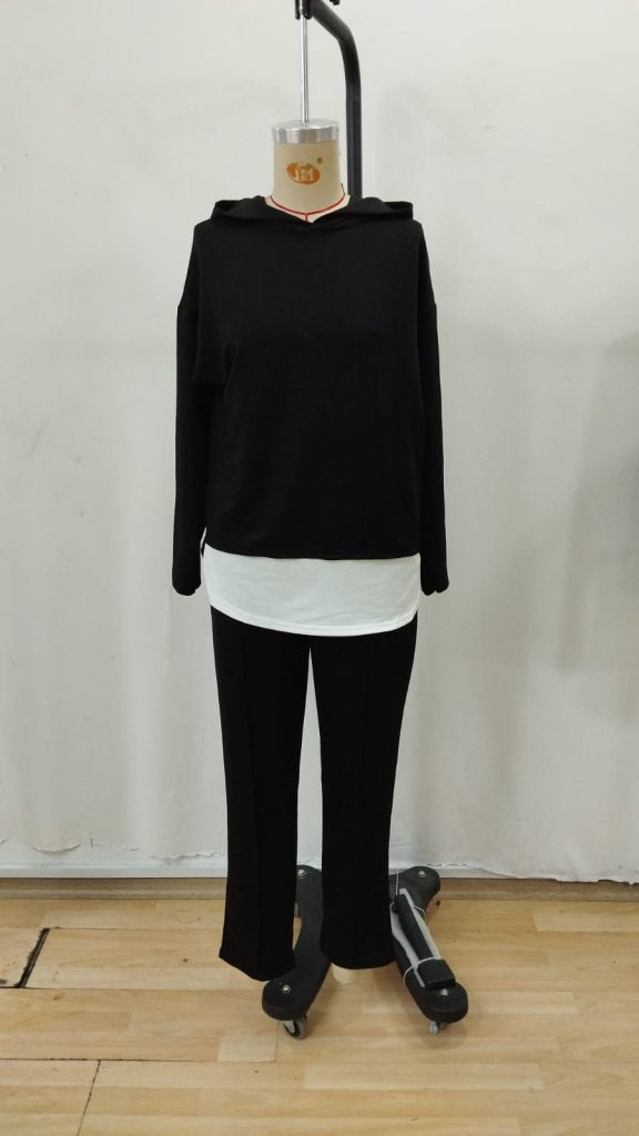 Set de două piese pentru femei, din viscoză, cu mânecă lungă, glugă și șnur, bluză și pantaloni, 30930