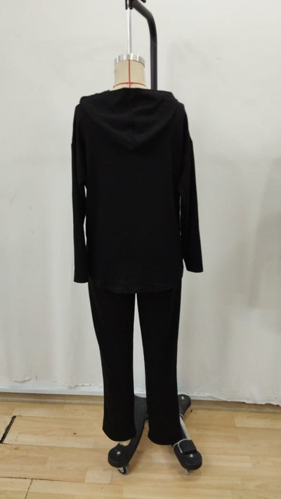 Set de două piese pentru femei, din viscoză, cu mânecă lungă, glugă și șnur, bluză și pantaloni, 30930