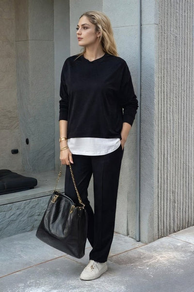 Set de două piese pentru femei, din viscoză, cu mânecă lungă, glugă și șnur, bluză și pantaloni, 30930