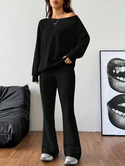 Women's Long-Sleeve One-Shoulder Two-Thread Blouse and Pants Two-Piece Set, 29991