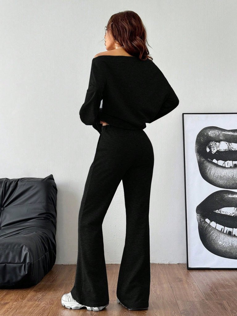 Women's Long-Sleeve One-Shoulder Two-Thread Blouse and Pants Two-Piece Set, 29991