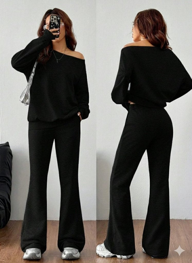 Women's Long-Sleeve One-Shoulder Two-Thread Blouse and Pants Two-Piece Set, 29991