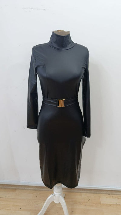 Rochie midi din piele pentru femei, cu mânecă lungă, guler înalt și curea, 31663