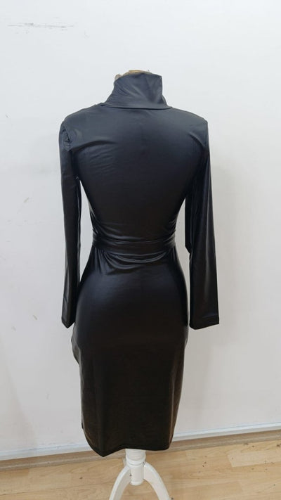 Rochie midi din piele pentru femei, cu mânecă lungă, guler înalt și curea, 31663