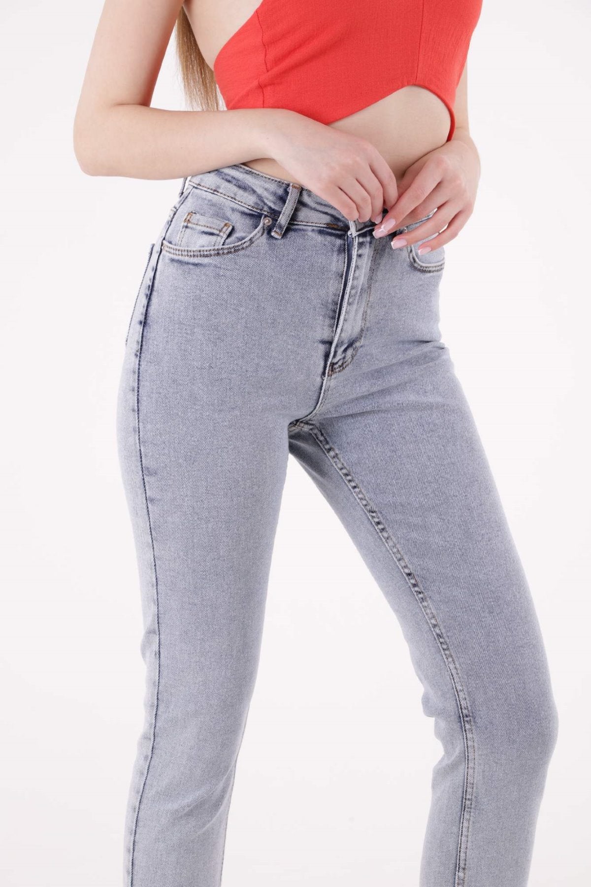 Pantaloni Denim Mom Fit cu Crac fara Cusaturi 764